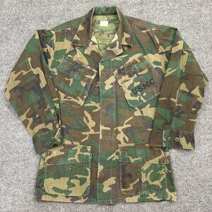 Vintage 1970 Vietnam Military Poplin Class 2 Camouflage Slant Pocket Coat Small